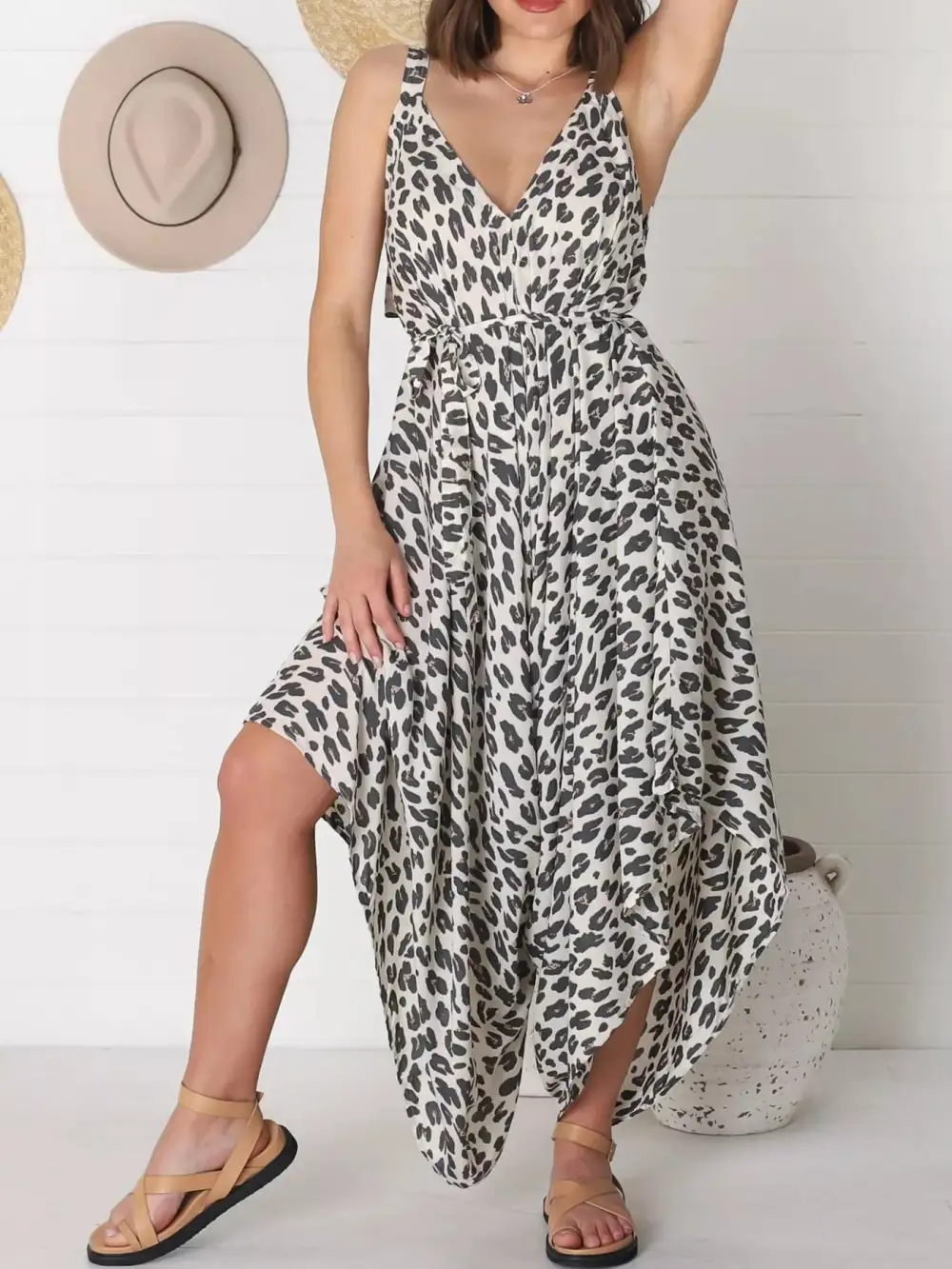 Plus Size Leopard Print V Neck Jumpsuit