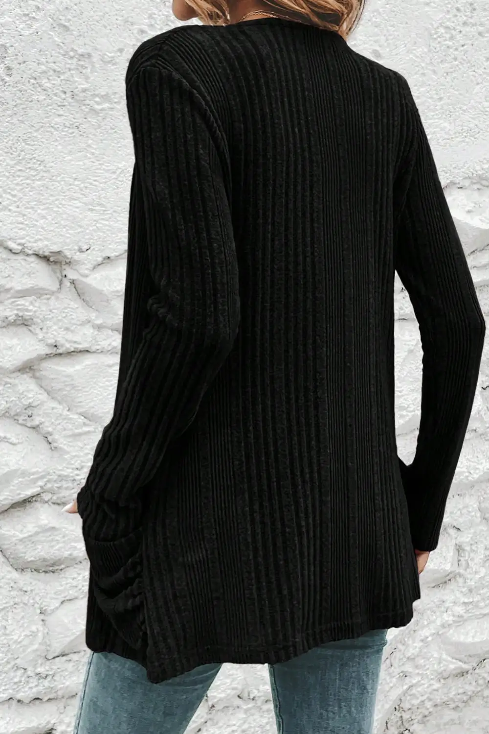 Ribbed Open Front Knit Top Pocketed Knit Everyday Layer Cardigan