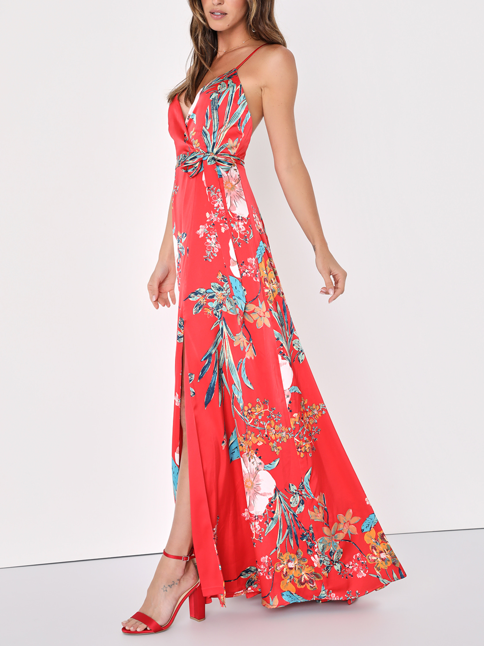 Red Floral Print Satin Maxi Dress