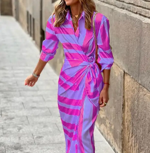 Bright Purple Print 3/4 Sleeve Maxi Dress