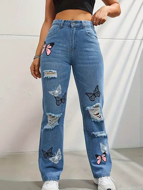 Butterfly Print Distressed Fringe Detail High Waist Seamed Jeans