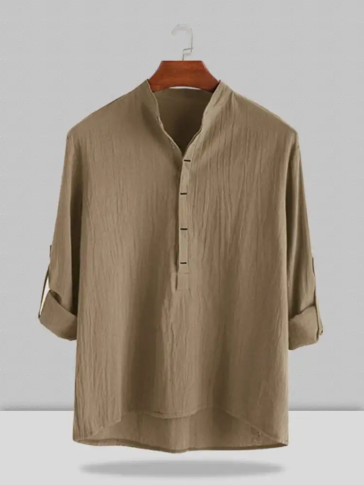 Stand Collar Cotton Linen Sleeve Shirt