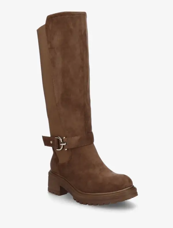 Classic Stretch Panel Strap Detail Block Heel Faux Suede Knee High Boots