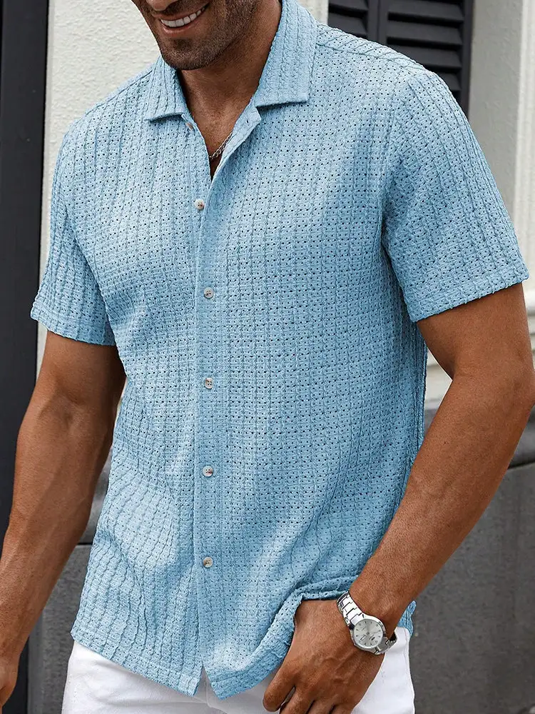 S Relaxed Hollow-Out Jacquard Knit Cuban Collar Shirt