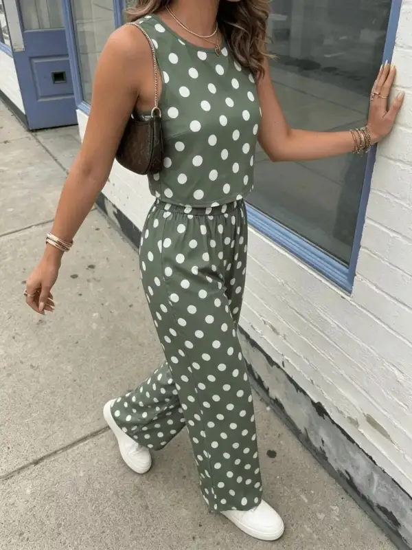 Polka Dot Sleeveless Top and Wide Leg Pants Set