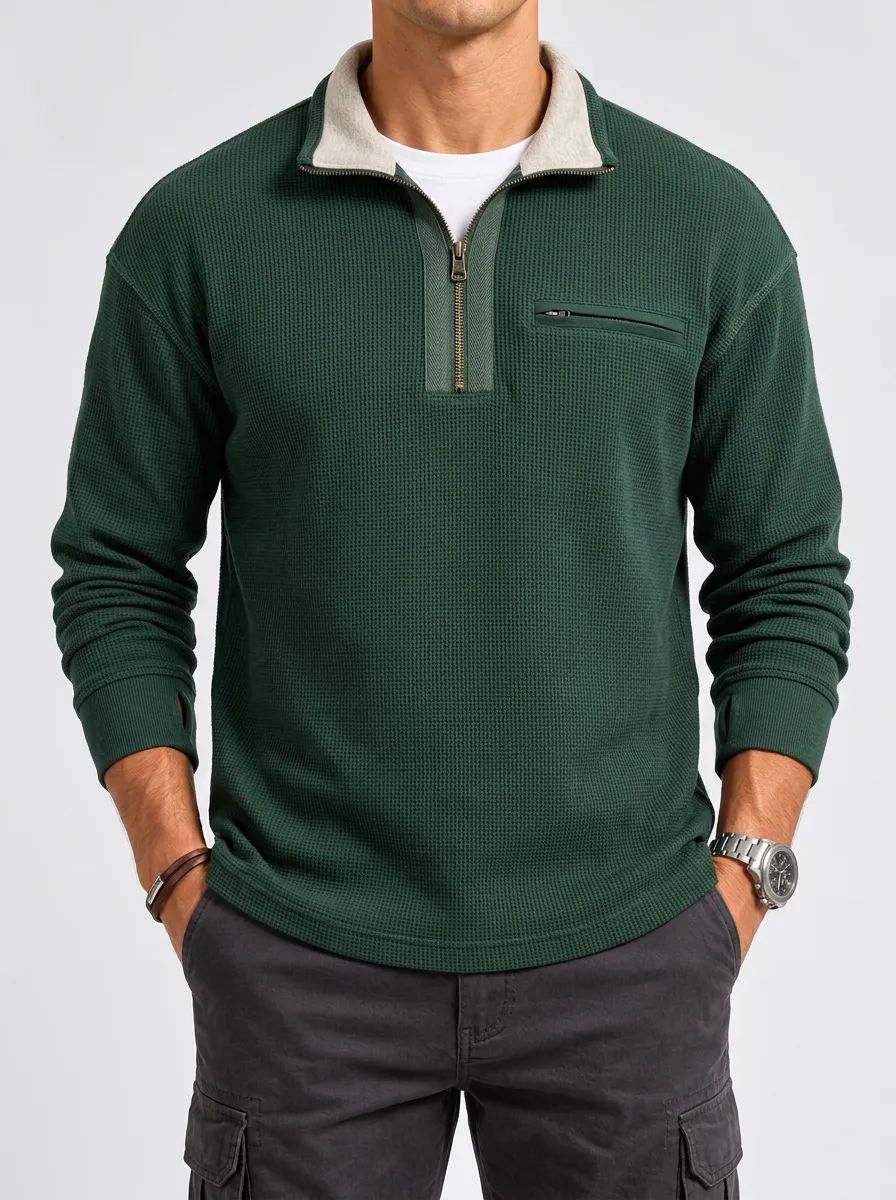 Easy Layering Quarter-Zip Waffle Knit Sweatshirt