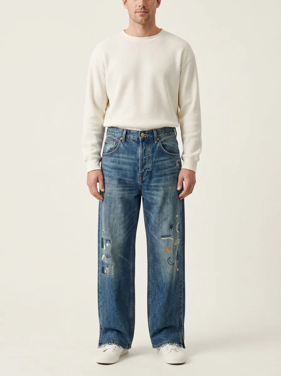 Wide Leg Embroidered Detail Celestial Graphic Men's Loose Fit Jeans