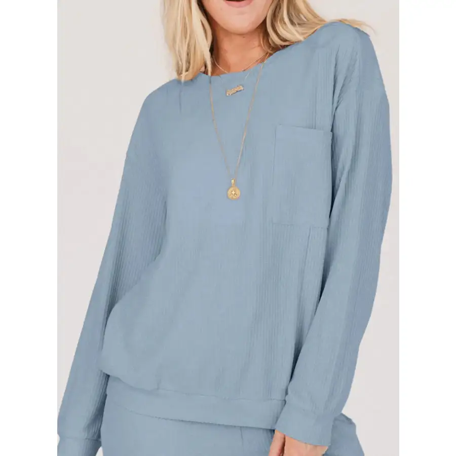 Ribbed Round Neck Sweatshirt and Drawstring Pants Set