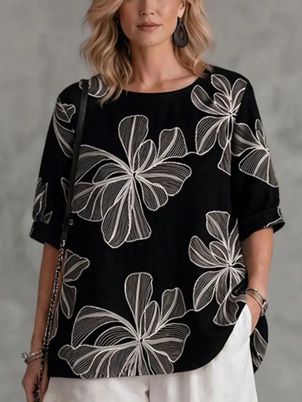 Long Sleeve Relaxed Contrast Embroidered Floral Print Round Neck T-Shirt