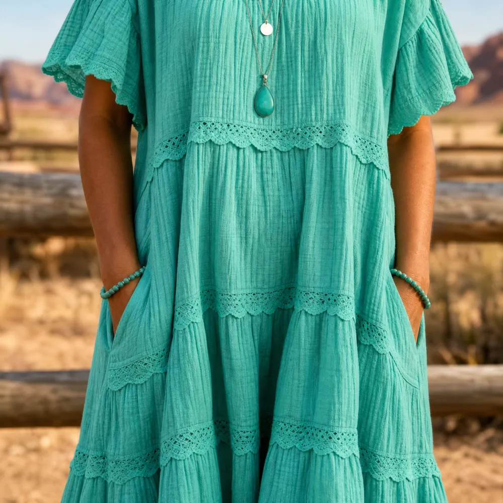 Tiered Lace Trim Pocket Midi Dress