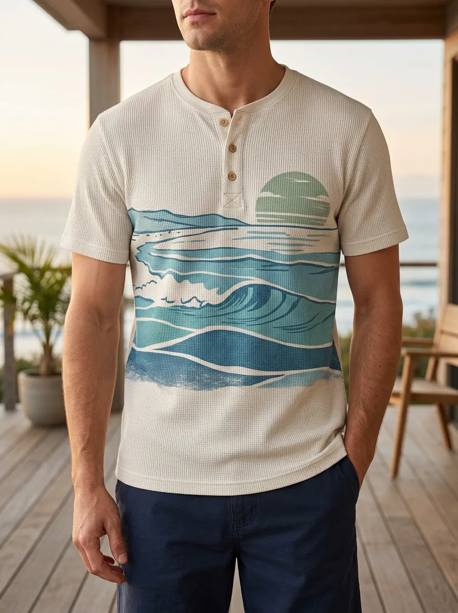 Men's Graphic Beach Lover Ocean Wave Sunset Henley T-Shirt