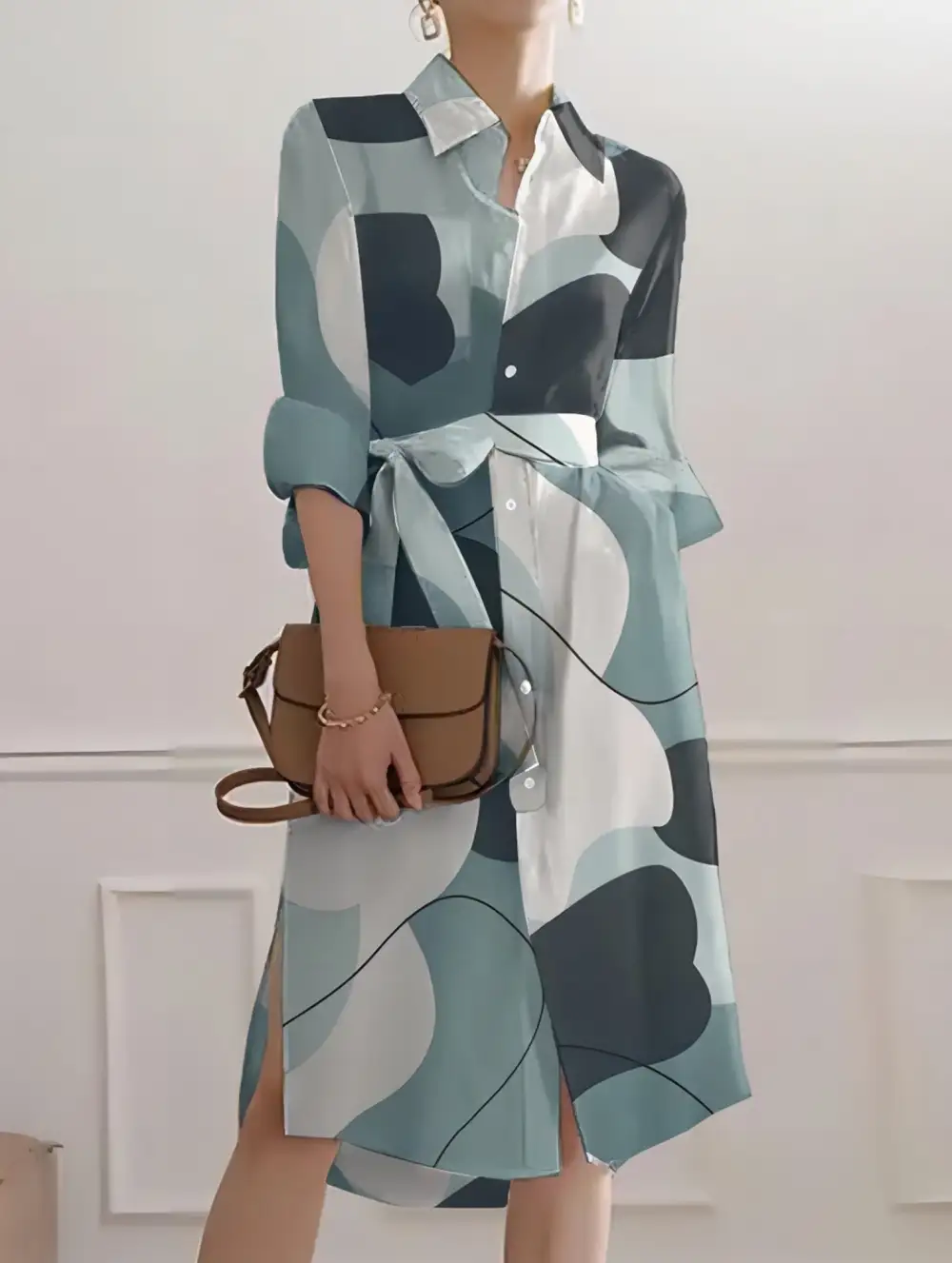 Geometric Print Split Hem Button Dress