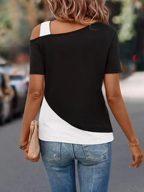 Relaxed Short Sleeve Asymmetric Contrast Panel Detail Cold Shoulder T-Shirt