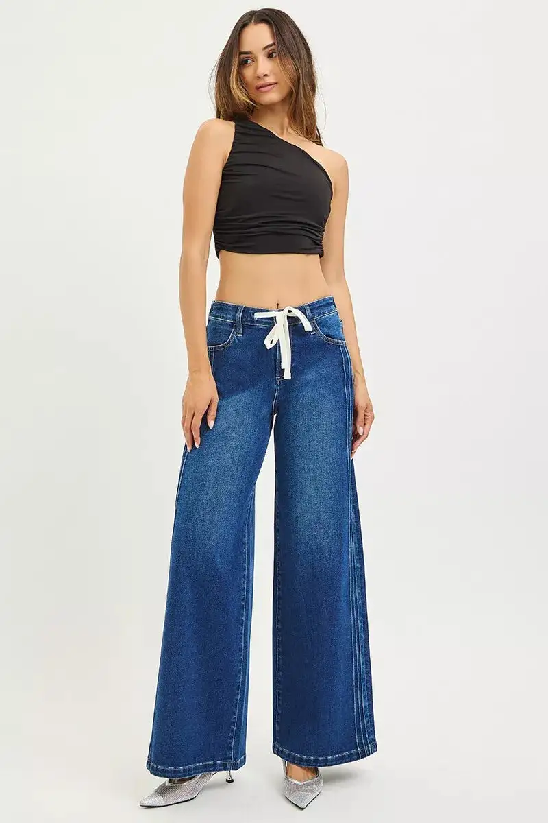 Mid Rise Wide Leg Drawstring Denim Jeans