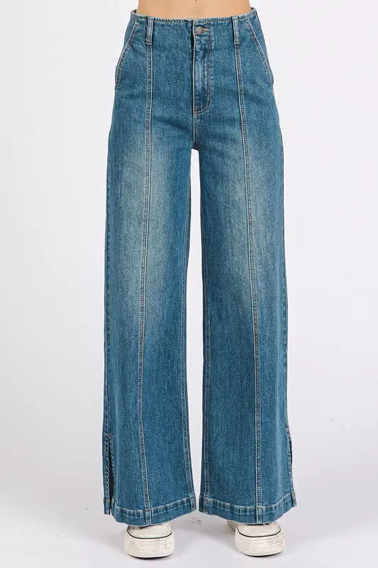 Wash Seam Detail Wide Leg Denim Jeans