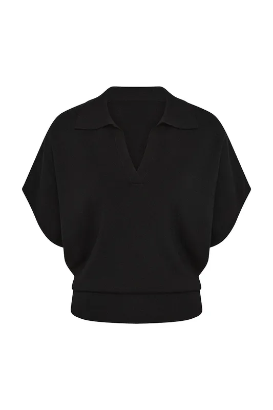 Black Waisted Polo Knit Top