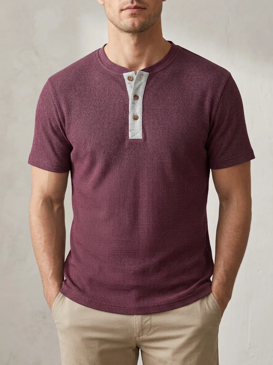 Men's Everyday Waffle Knit Button Placket Henley Shirt