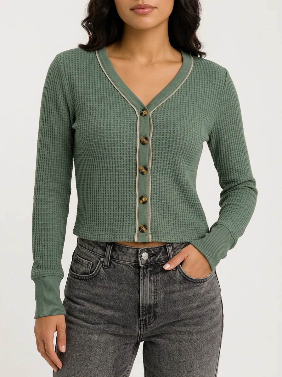 Women's Green Waffle Knit Button Down Long Sleeve Top