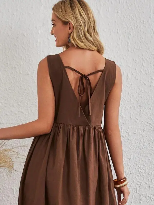 Women Solid Square Neck Tie Back Dress