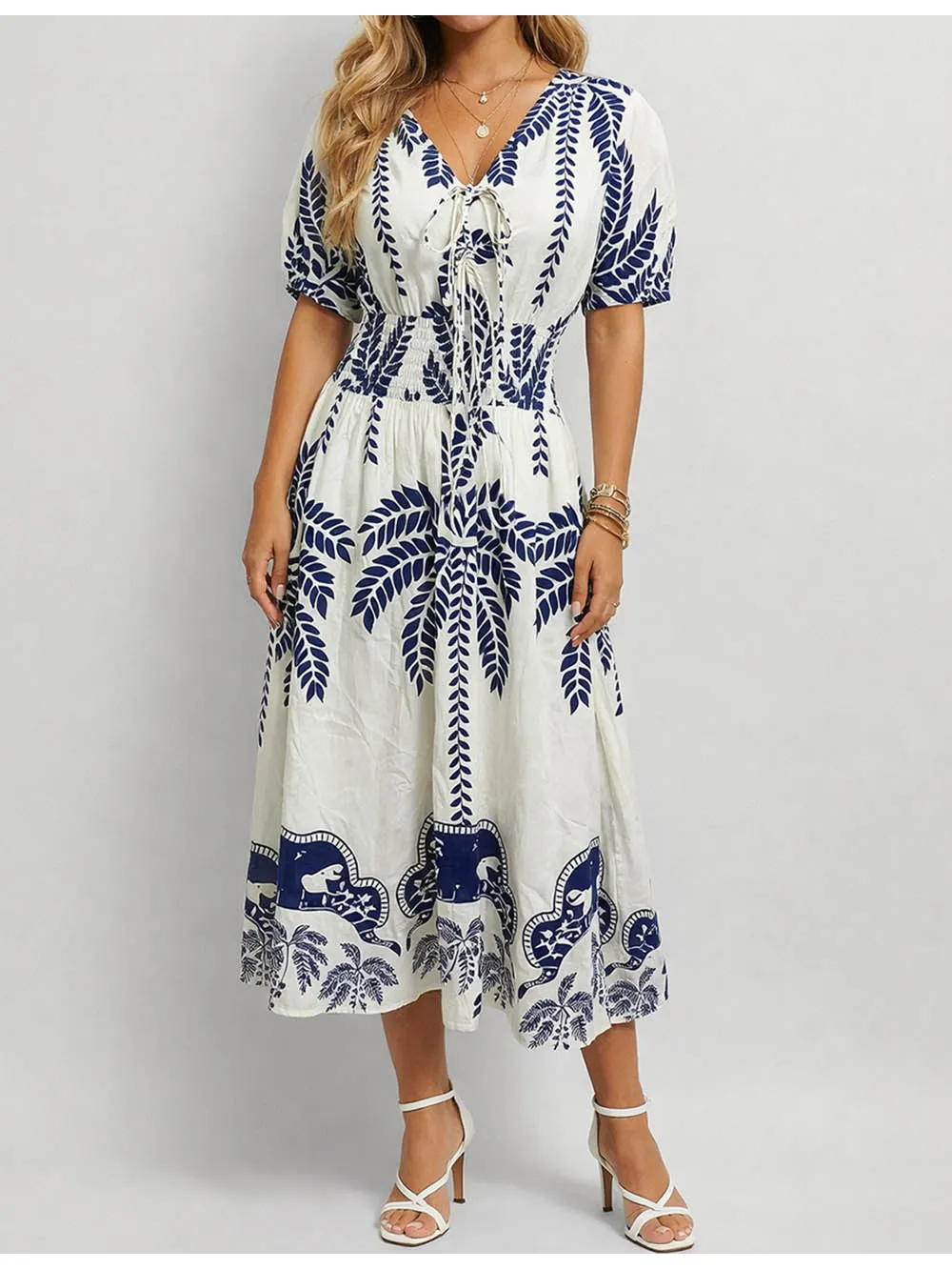 Palm Tree Smocke Waist V Neck Drawstring Midi Dress