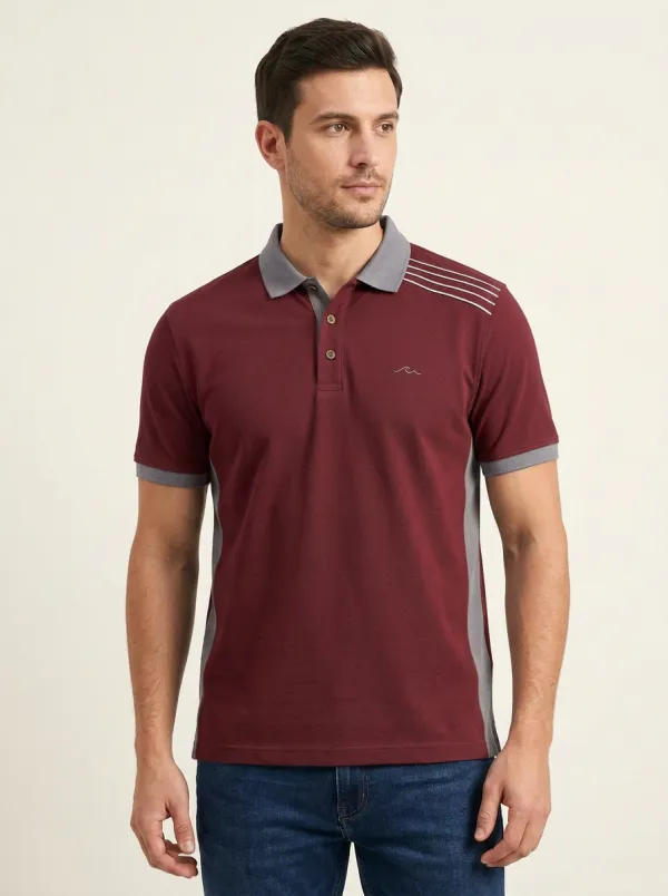 Men's Ribbed Textured Striped Contrast-Panel Embroidered Polo Shirt