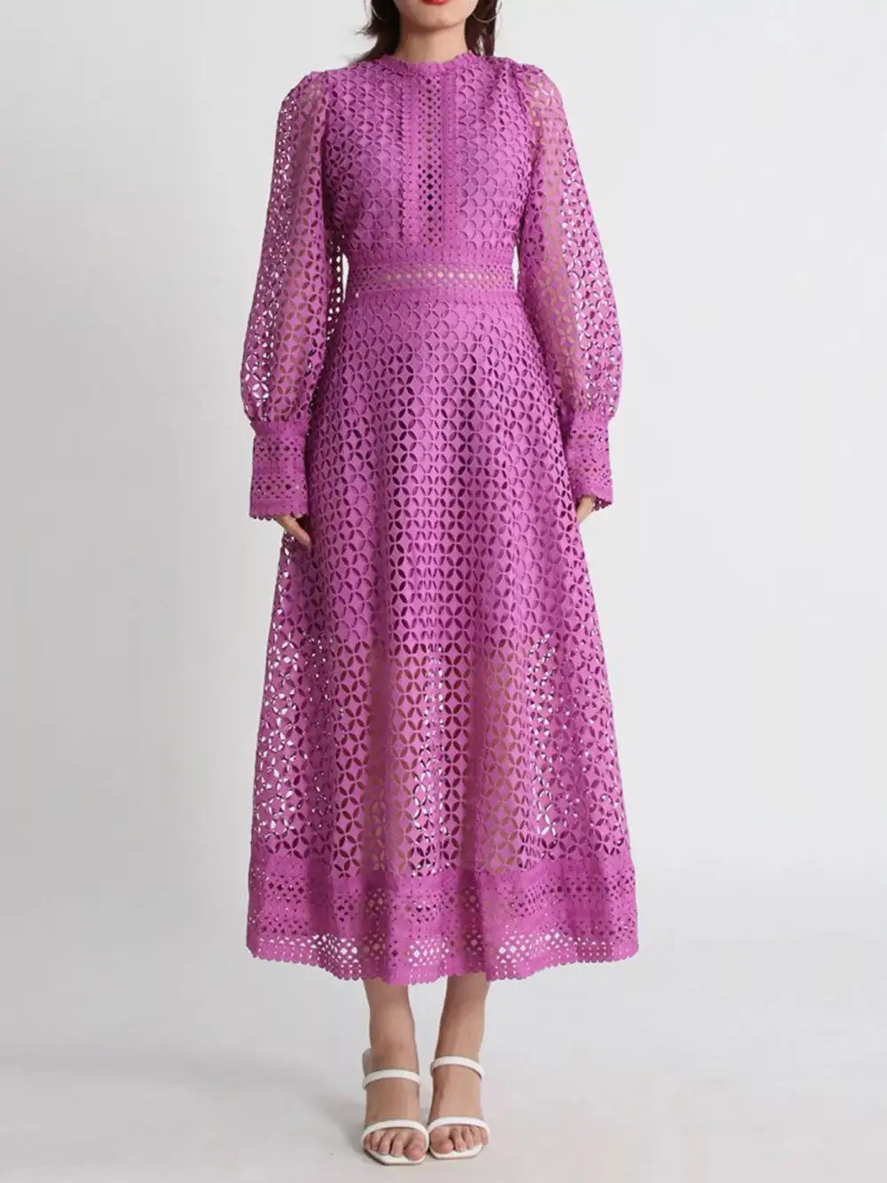 Balanced Detail Lace Long Sleeve Midi Dress