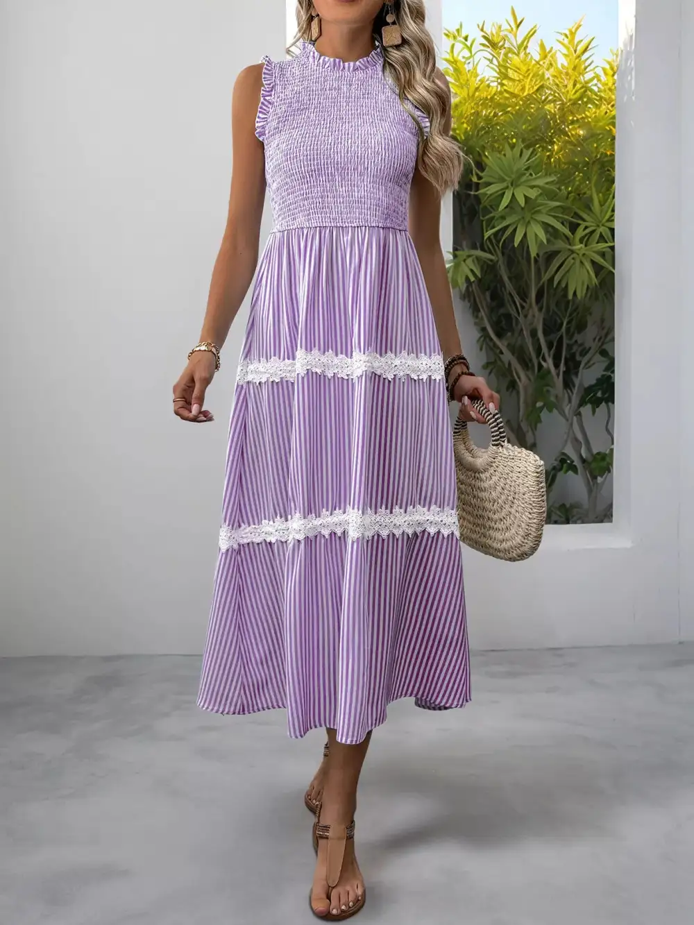 Gathered Detail Striped Lace Smocked Midi Dress