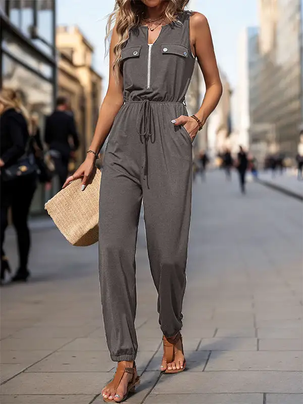 Mouwloze Jumpsuits Met V Hals Effen Kleur En
