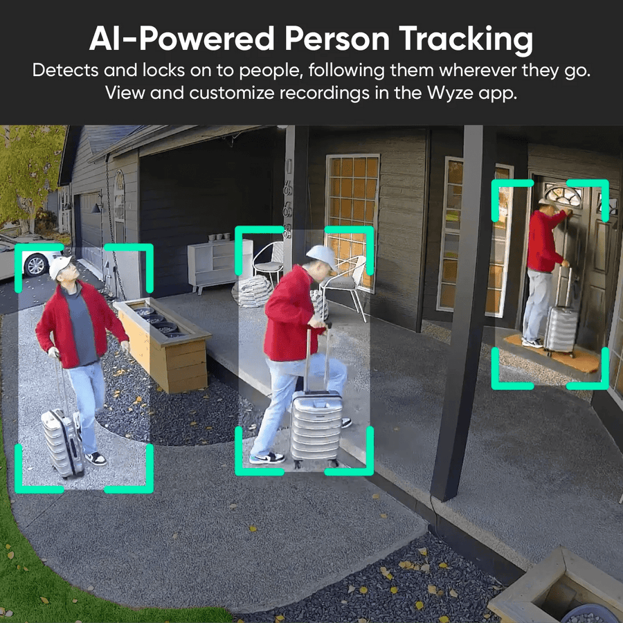 Example of person-tracking overlays in outdoor camera footage