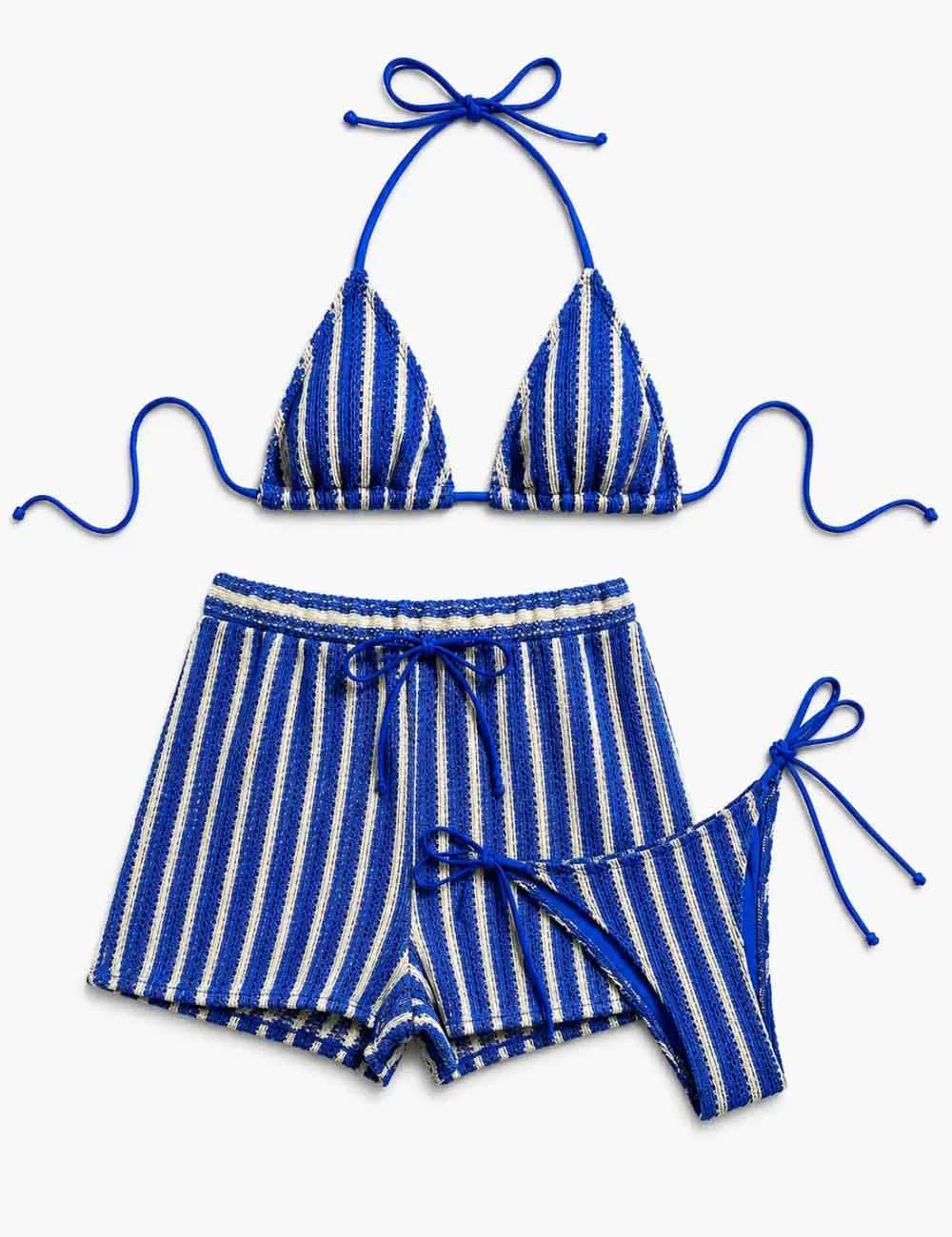 Crochet Triangle Three Piece Bikini Set with Cover Up Shorts