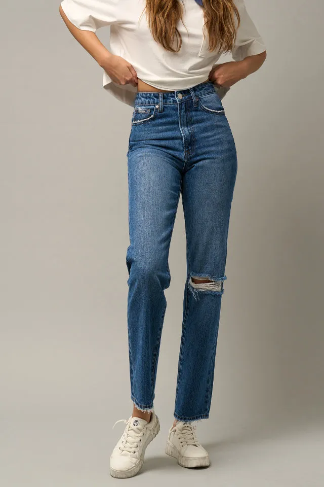 Women's High Rise Ripped Straight Rigid Denim Jeans