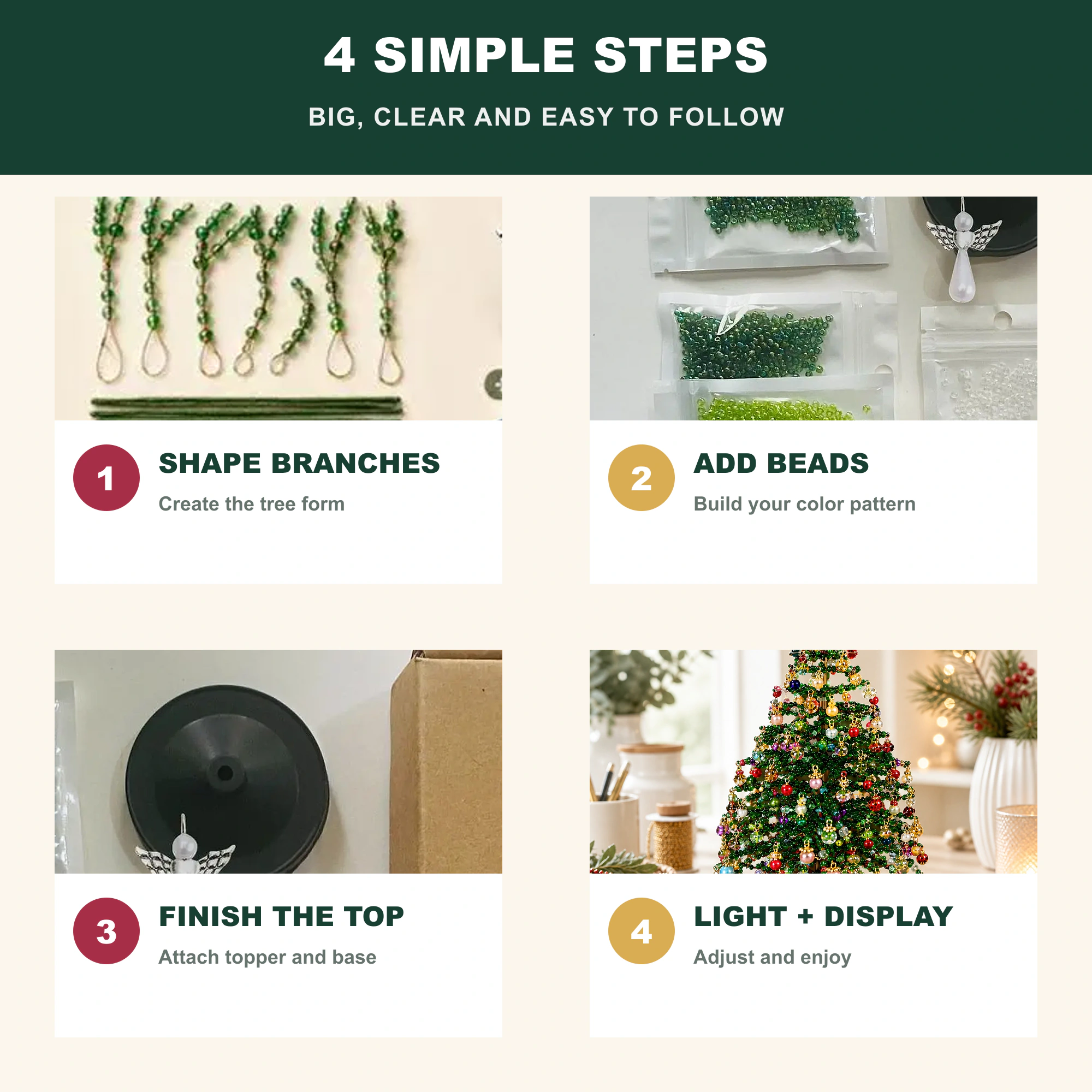 Four clear steps to shape branches add beads attach topper and base then light and display