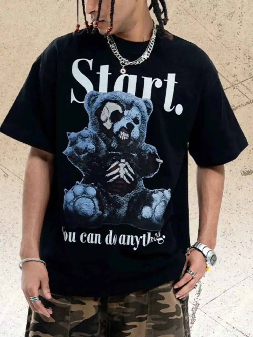 Teddy Bear Graphic Round Neck Oversized T-Shirt