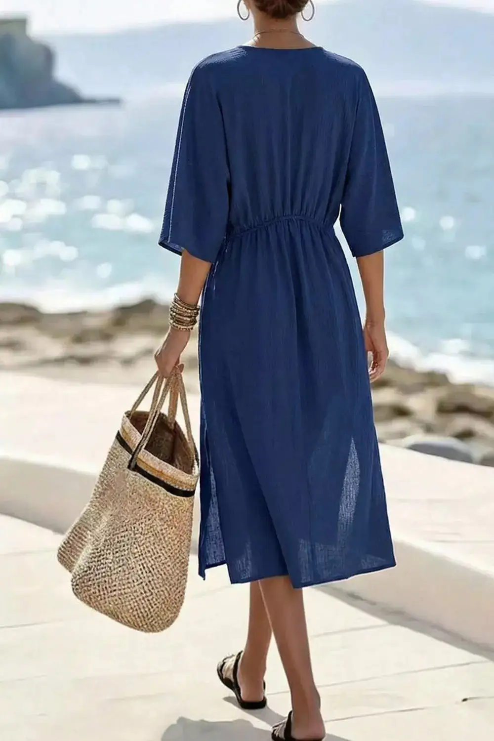 V Neck Ruffle Short Sleeve Midi Dress