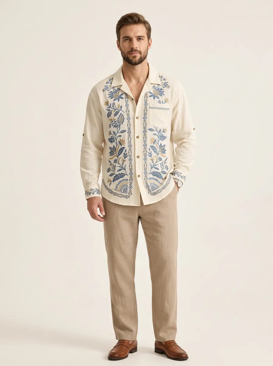 Men's Floral Boho Refined Embroidered Long Sleeve Shirt