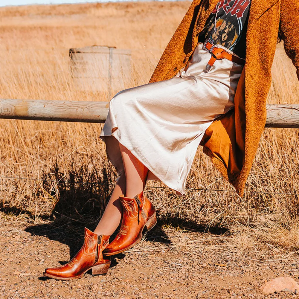 Modern Faux-Leather Distressed Embroidered Zip-Up Western Boots