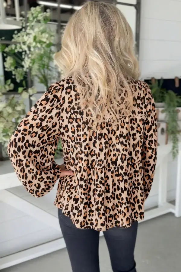 Leopard Print Puff Sleeve Tie Detail Blouse