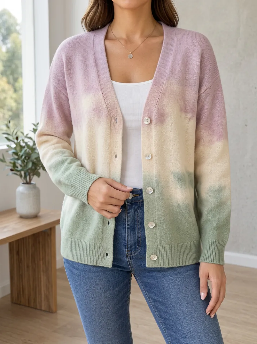 Women's Pastel Tie-Dye Gradient Printed Button Front Casual Layering Cardigan