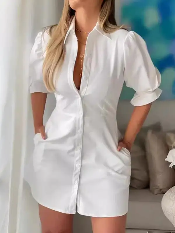 Puff Sleeve Short Sleeve Solid Color Split Joint Lapel Mini Dress