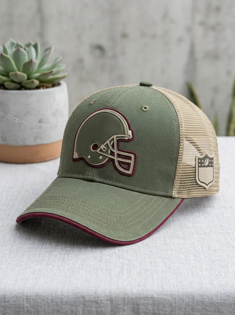 Men's Football Fan Olive Helmet Embroidered Mesh Trucker Cap