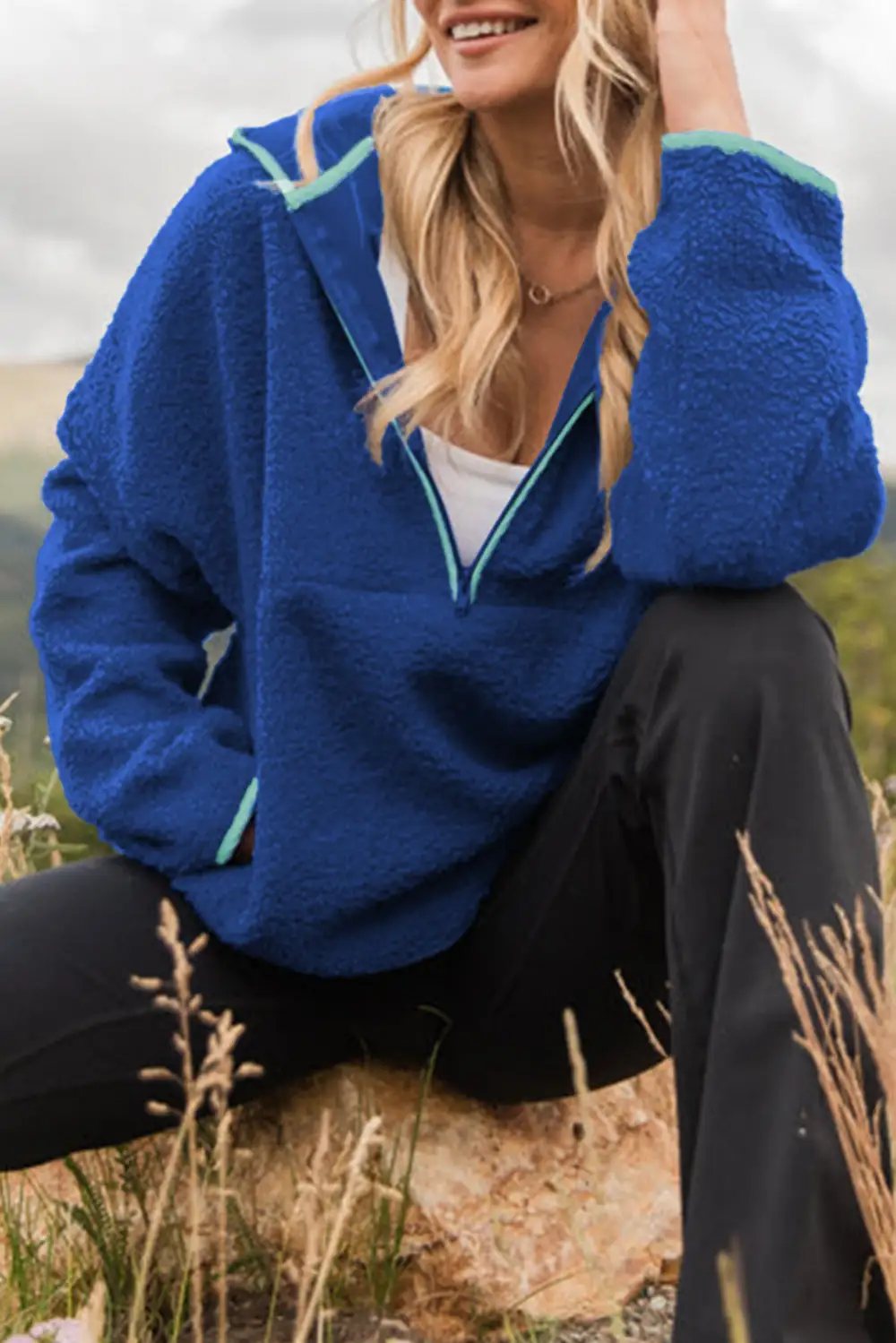 Sherpa Zip Detail Contrast Trim Hoodie