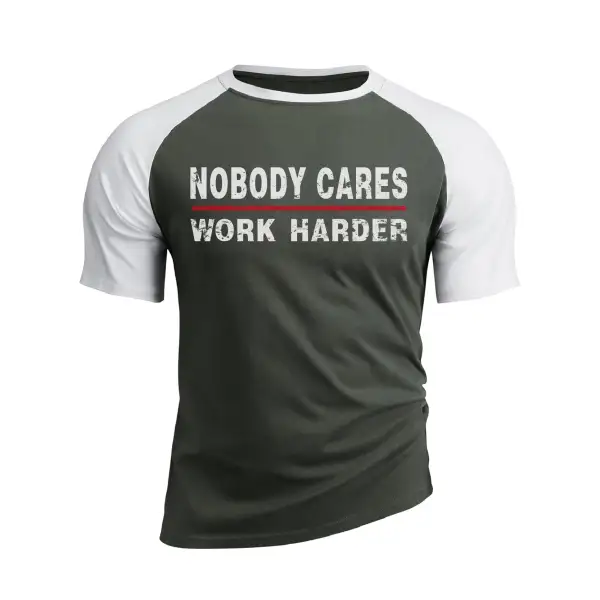 NOBODY CARES WORK HARDER 100% COTTON RAGLAN GRAPHIC TEE