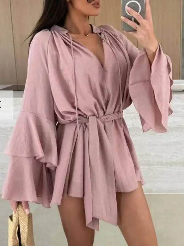 Flared Sleeve Relaxed Lace Up Pleated Solid Color Split Joint Tiered