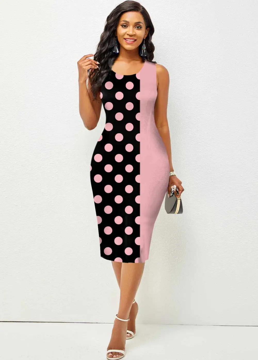 Polka Dot Sleeveless Round Neck Bodycon Dress