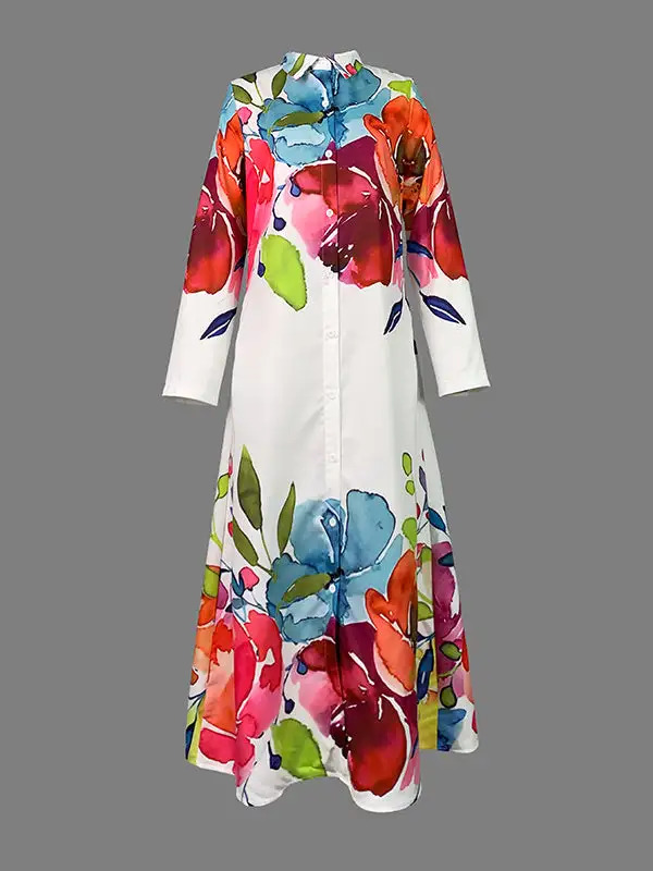 Flower Buttoned Long Shirt Maxi Dress