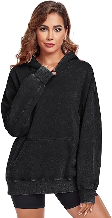 Women's Oversized Acid Wash Cotton Hoodie Minimalist Design Loose Fit with Kangaroo Pocket