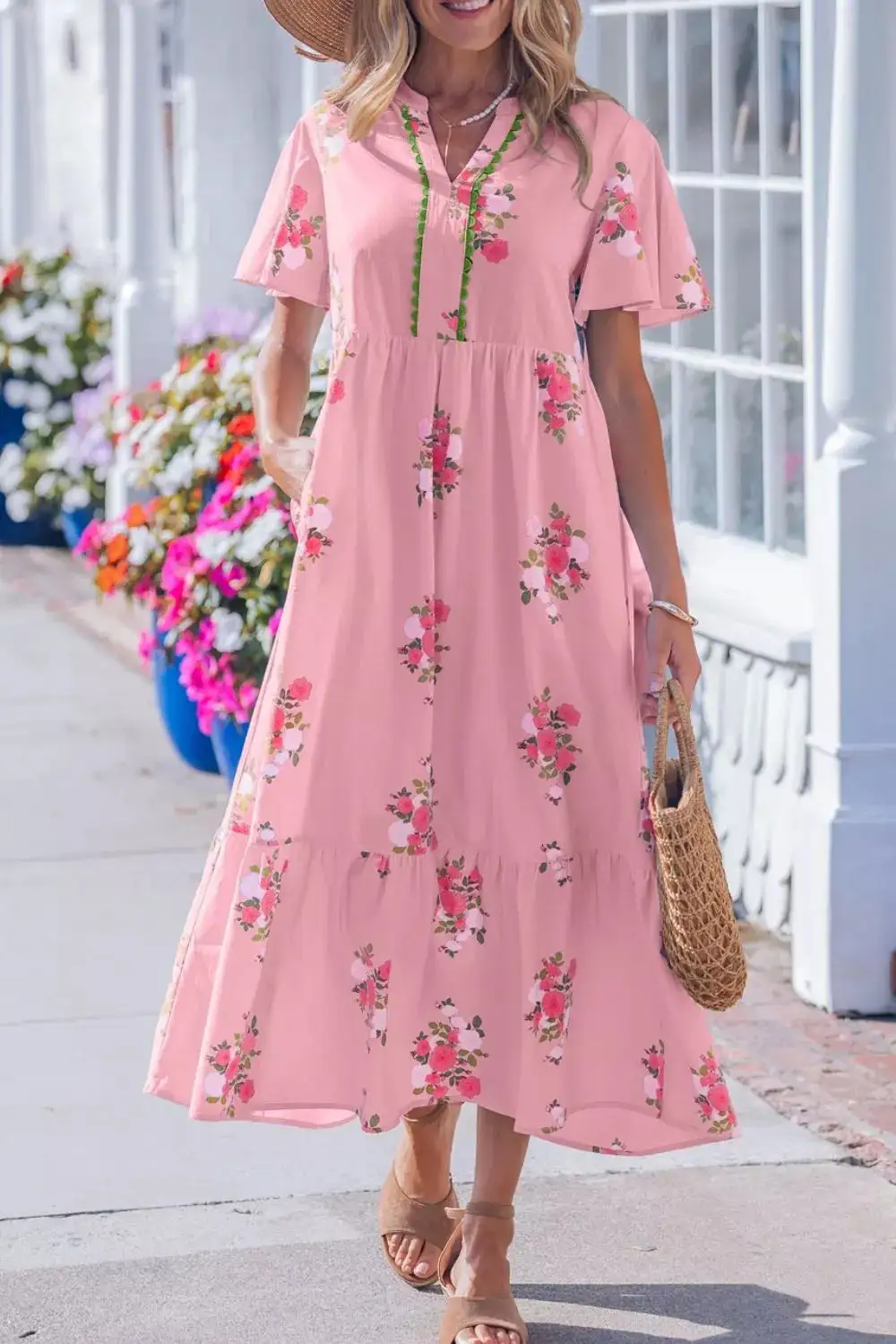 Floral Printed Split Neck Dress Casual