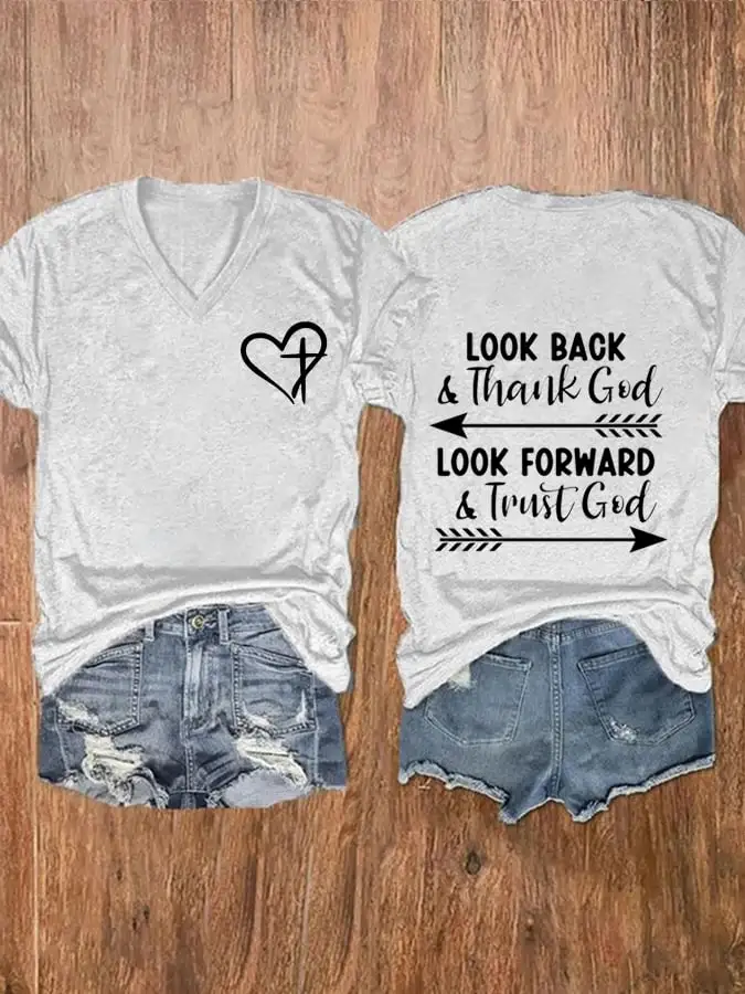 Women's Look Forward And Thank God Print V-Neck Casual T-Shirt