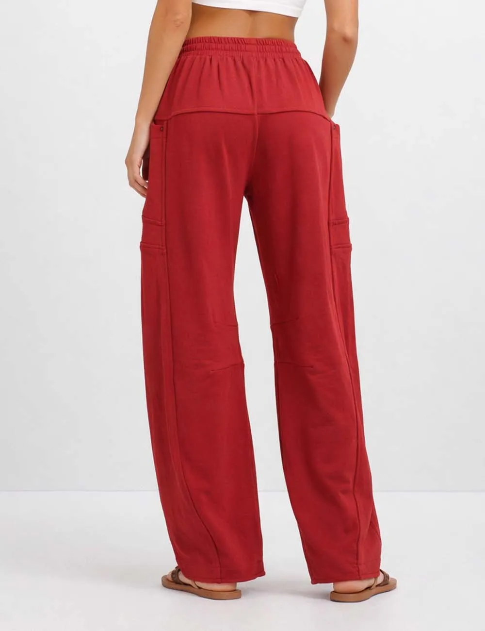 Elastic Waist Drawstring Pocket Straight Leg Denim Pants