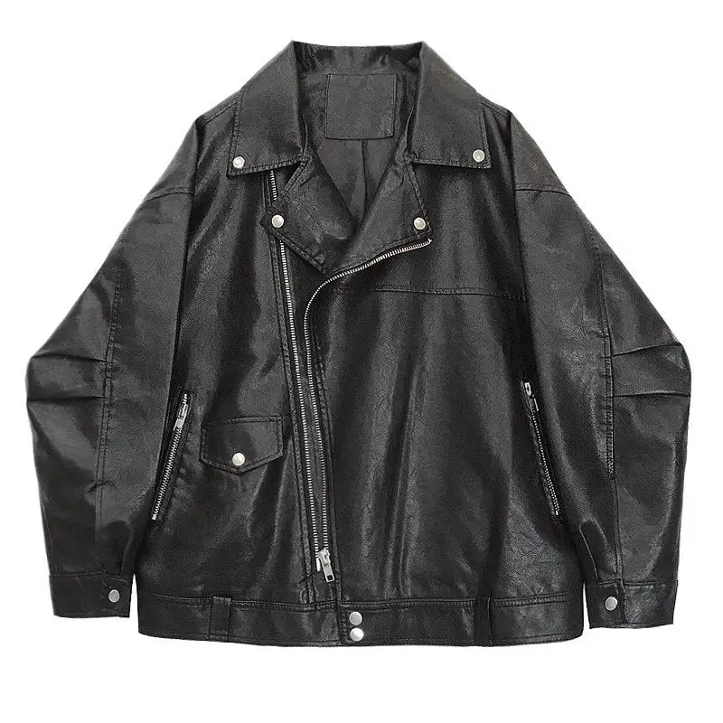 Textured Faux-Leather Leather Casual Outerwear Jacket